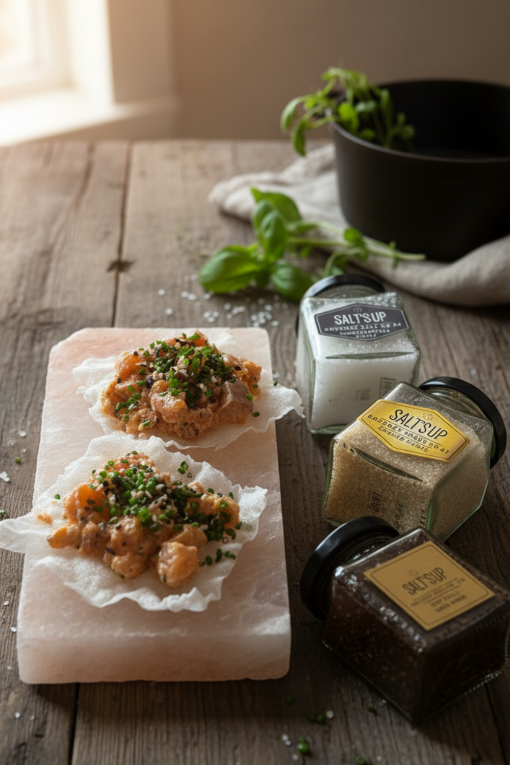 Gourmet appetizers served on Himalayan salt plate with Salt'sUp salts for restaurants